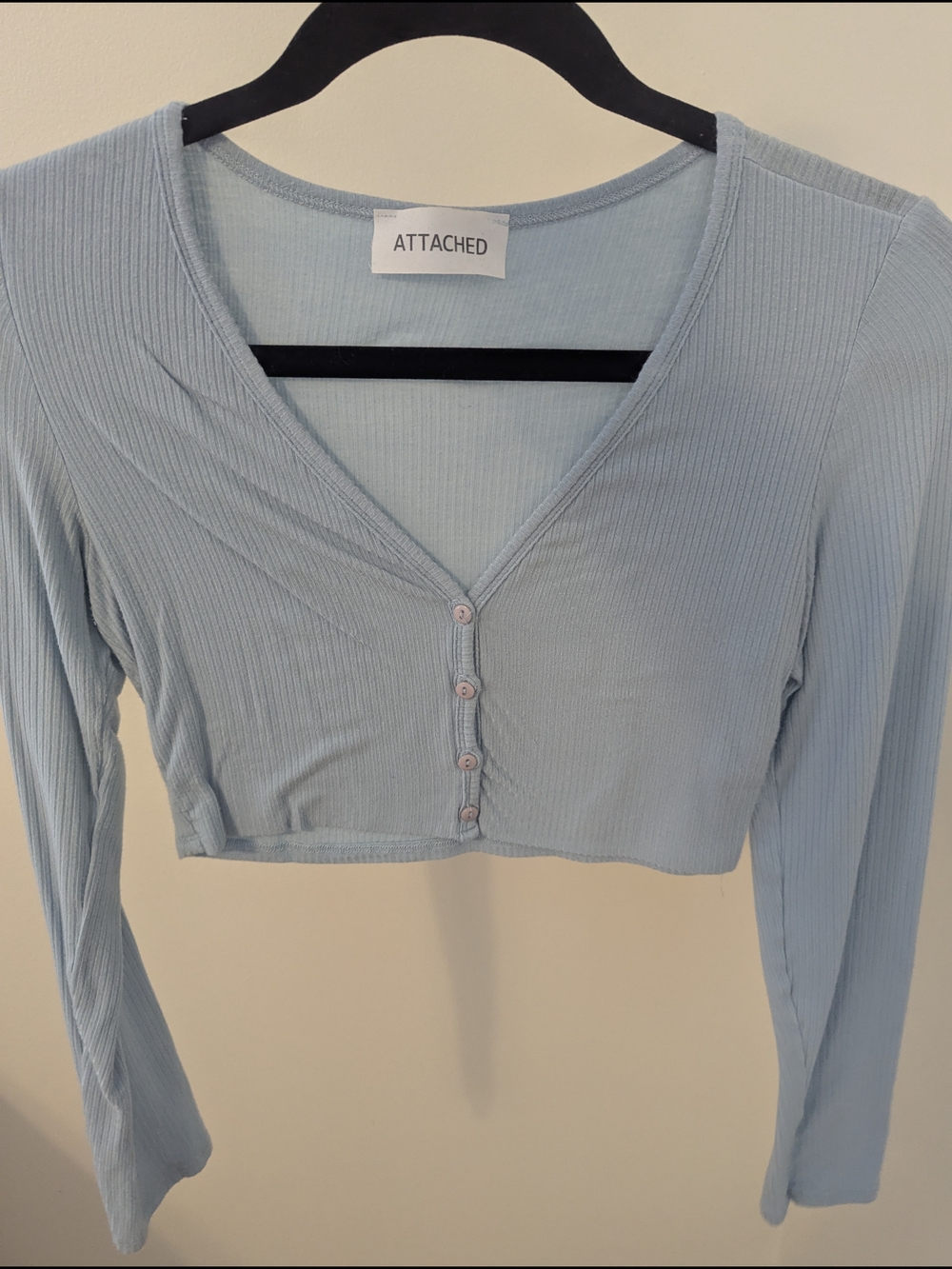 Light Blue Ribbed V-Neck Cropped Button Front Top